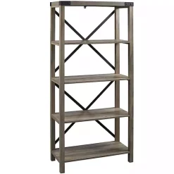Gray Wash Metal X Frame Back Bookshelf