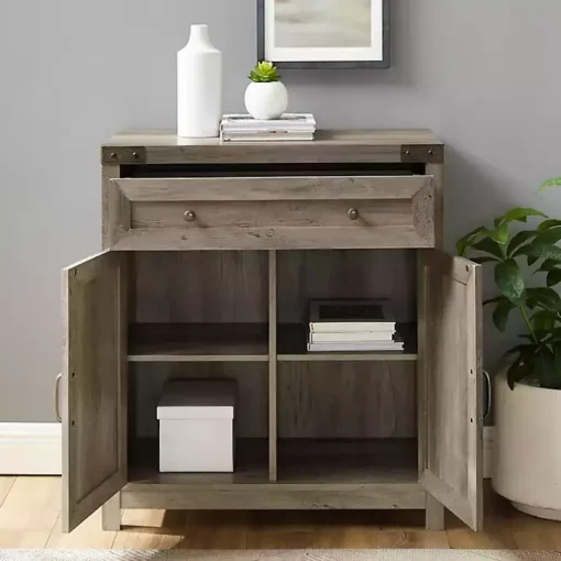 Gray Wash Wooden and Metal Barn Door Cabinet
