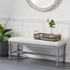 Gray Wood Upholstered Burlap Seat Bench