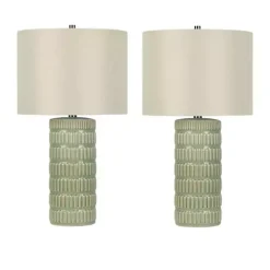 Green Textured Column Table Lamps, Set of 2