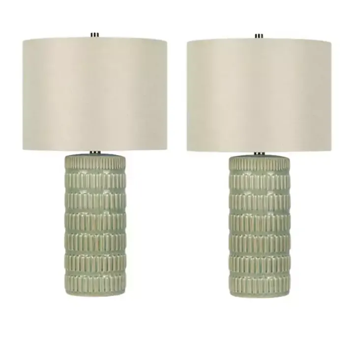 Green Textured Column Table Lamps, Set of 2
