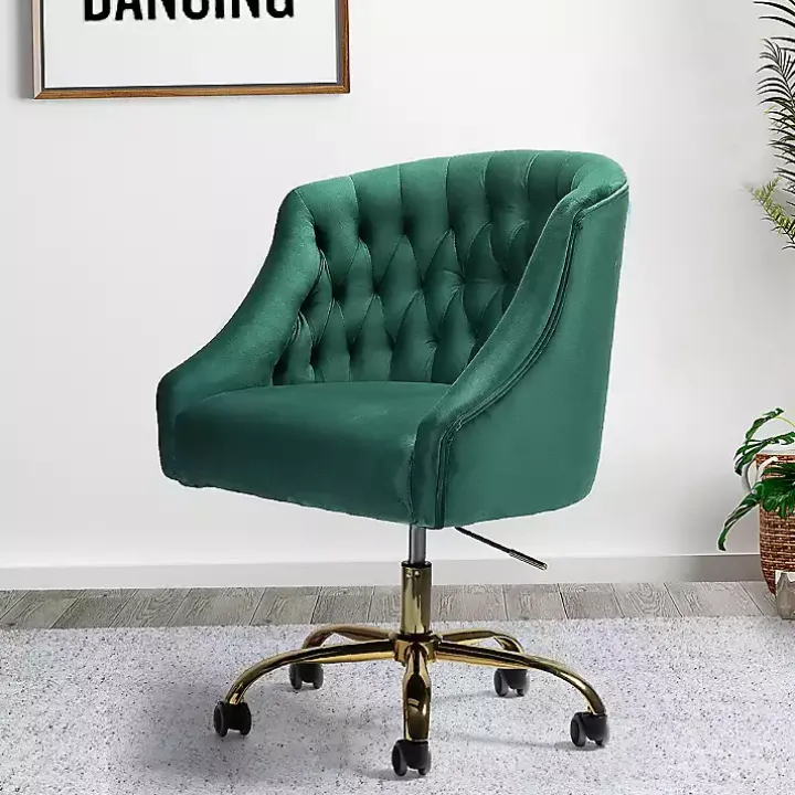 Green Velvet Tufted Golden Leg Swivel Office Chair