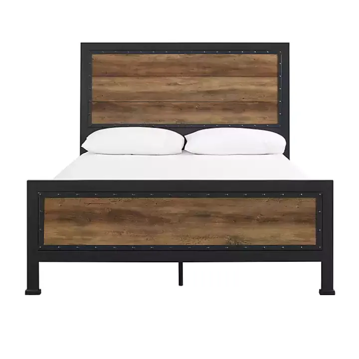 Industrial Rustic Oak Queen Bed with Metal Frame
