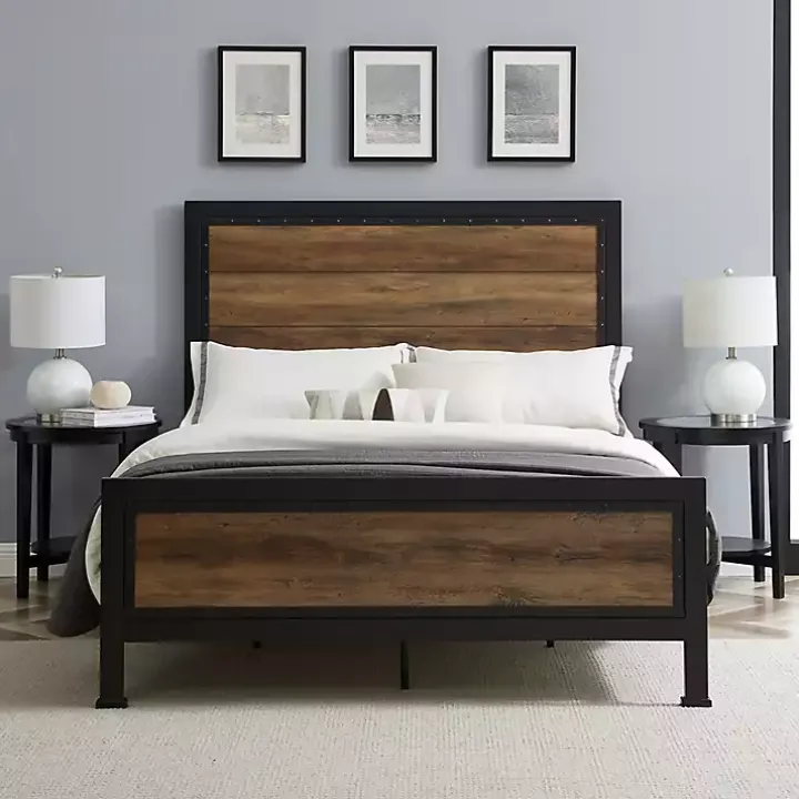 Industrial Rustic Oak Queen Bed with Metal Frame