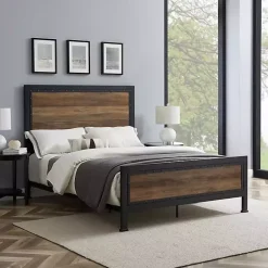 Industrial Rustic Oak Queen Bed with Metal Frame