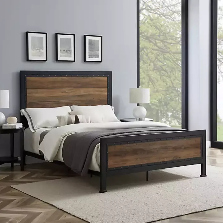 Industrial Rustic Oak Queen Bed with Metal Frame