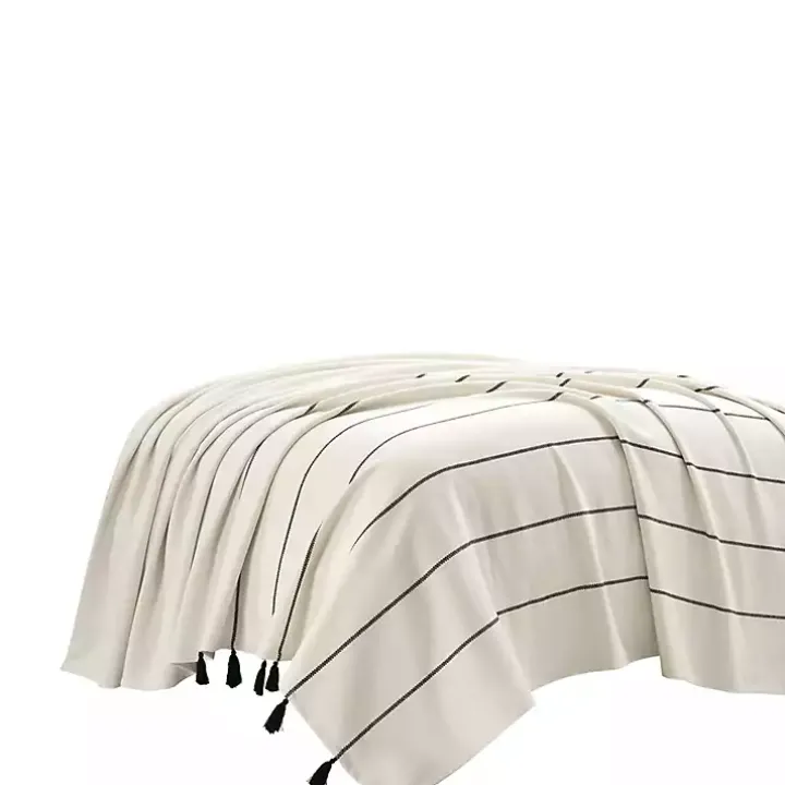 Ivory and Black Striped King Coverlet