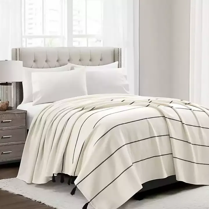 Ivory and Black Striped King Coverlet