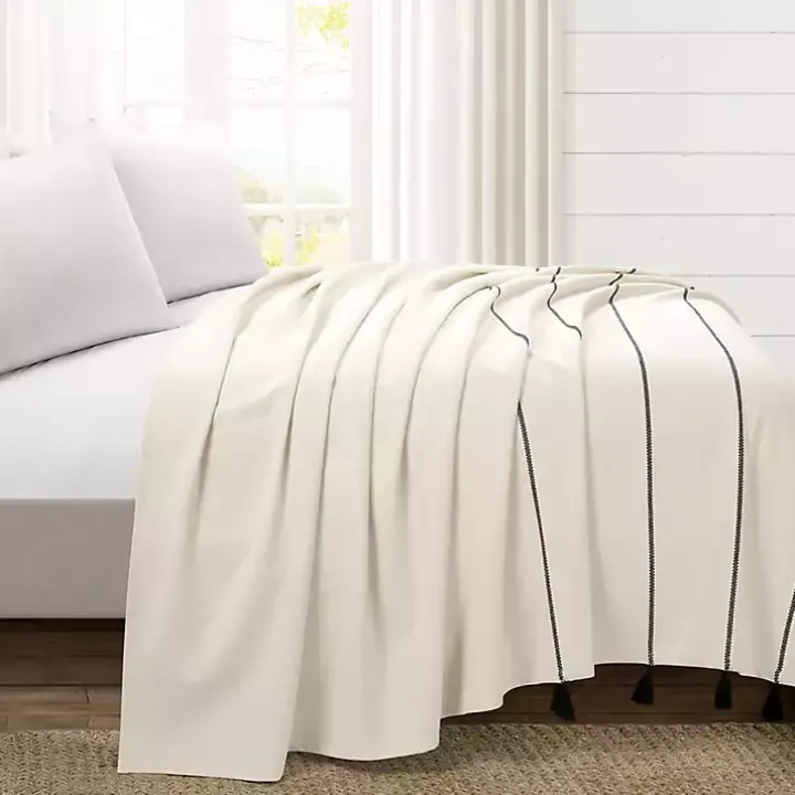Ivory and Black Striped King Coverlet
