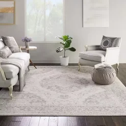 Ivory and Gray Oushak Medallion Area Rug, 8x10