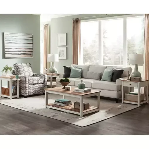 Ivory and Natural Wood Magazine Shelf Accent Table