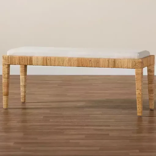 Ivory and Natural Woven Rattan Bench