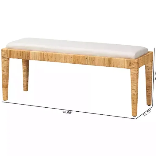 Ivory and Natural Woven Rattan Bench