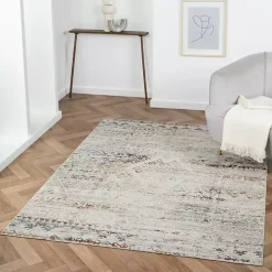 Ivory Distressed Medallion Washable Area Rug, 5x7