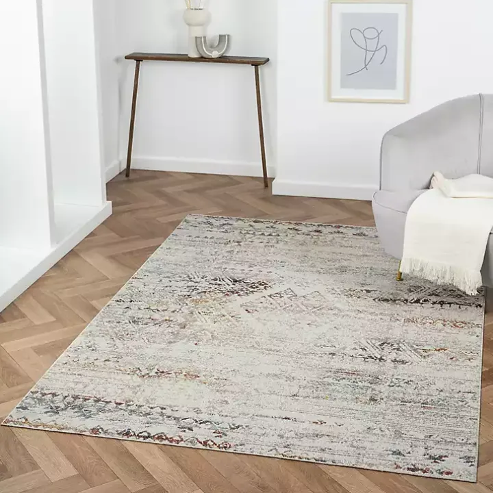 Ivory Distressed Medallion Washable Area Rug, 5x7