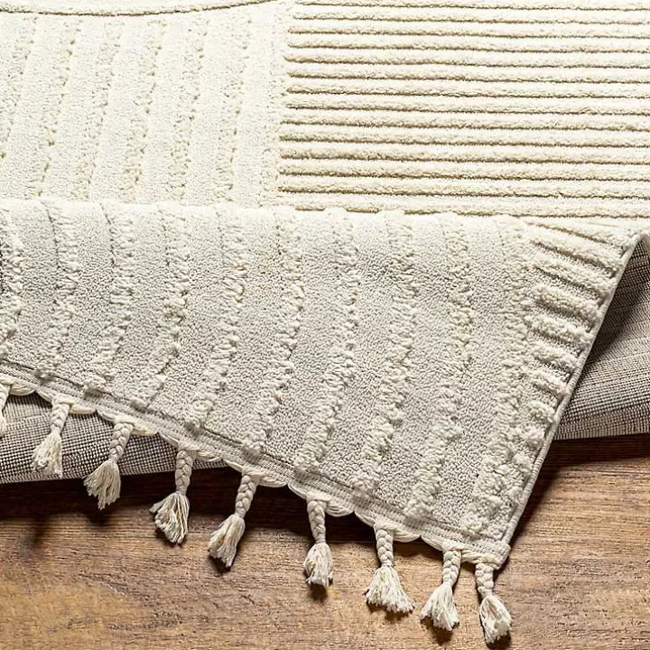 Ivory Geometric Lines Tassel Area Rug, 5x7