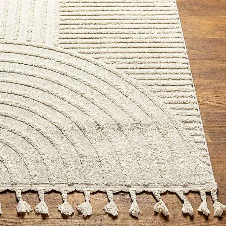 Ivory Geometric Lines Tassel Area Rug, 5x7