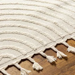 Ivory Geometric Lines Tassel Area Rug, 5x7