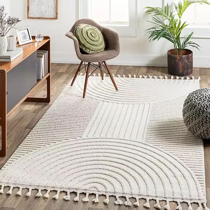 Ivory Geometric Lines Tassel Area Rug, 5x7