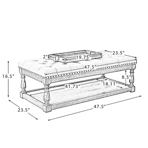 Ivory Tufted Rectangle Wood Ottoman