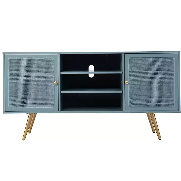 Light Blue Wood and Cane Media Cabinet
