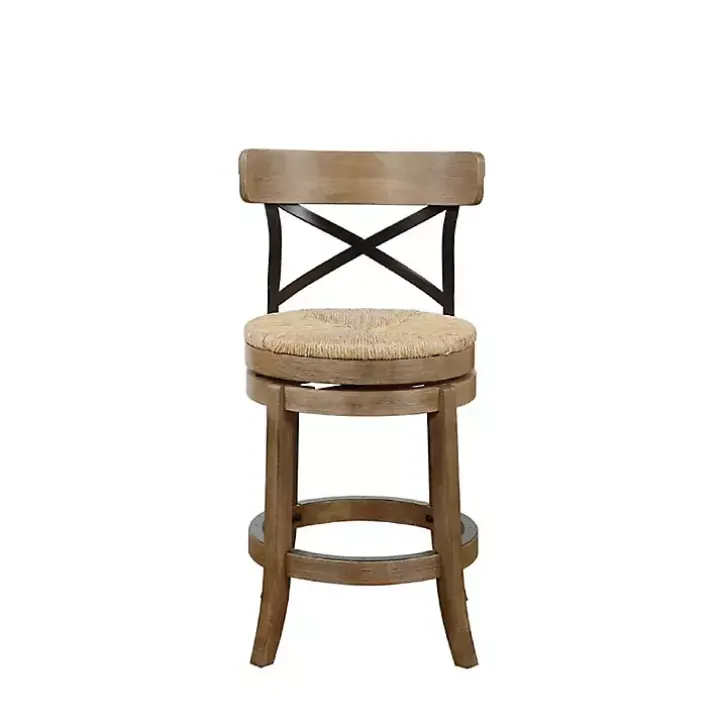 Light Brown Wood and Seagrass Swivel Counter Stool