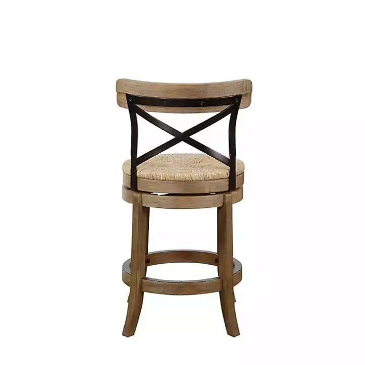 Light Brown Wood and Seagrass Swivel Counter Stool