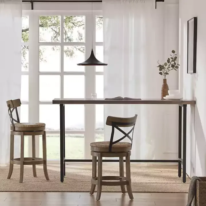 Light Brown Wood and Seagrass Swivel Counter Stool