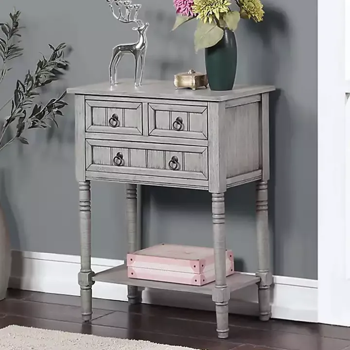 Light Gray 3-Drawer Turned Legs Accent Table