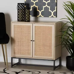 Light Wood and Rattan 2-Door Cabinet