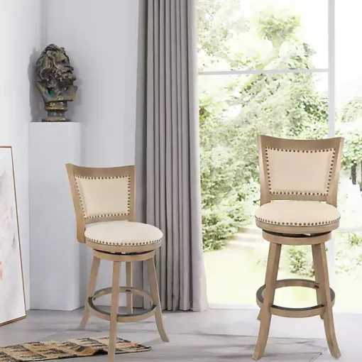 Linen and Driftwood Nailhead Swivel Counter Stool