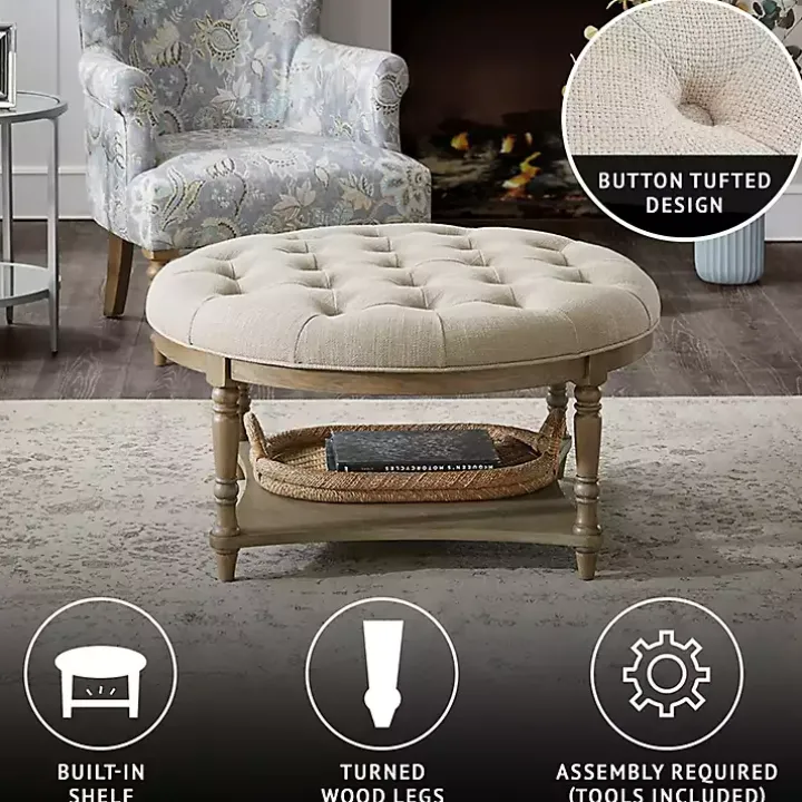 Martha Stewart Round Cream Ottoman with Shelf