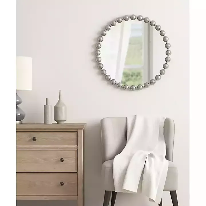 Metallic Silver Foiled Beaded Wall Mirror