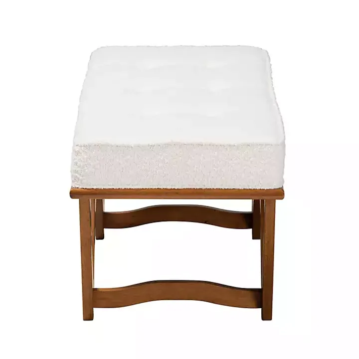Mid-Century Modern White Boucle Angled Bench
