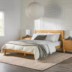 Natural Pine Wood Slatted Headboard Queen Bed