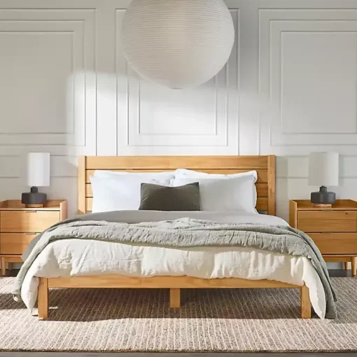 Natural Pine Wood Slatted Headboard Queen Bed
