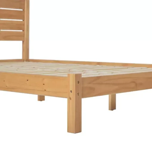 Natural Pine Wood Slatted Headboard Queen Bed