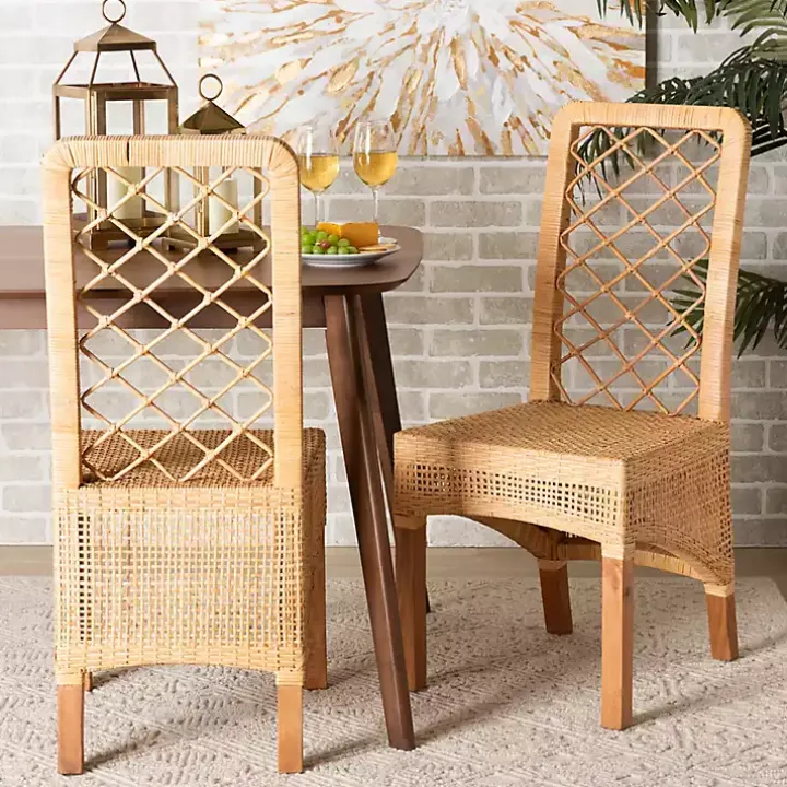 Natural Rattan Woven Back Dining Chairs, Set of 2