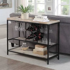 Natural Wood & Black Metal Wine Rack Console Table