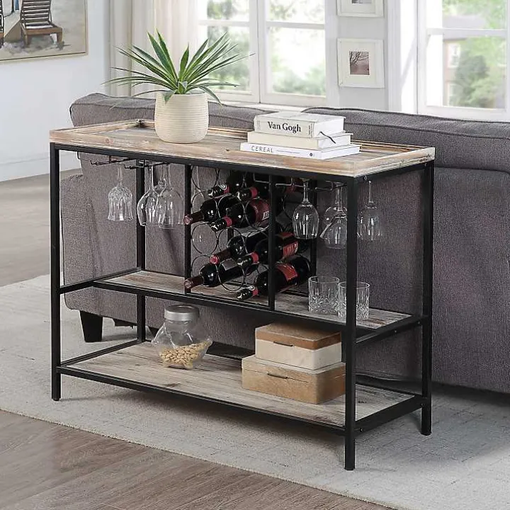 Natural Wood & Black Metal Wine Rack Console Table