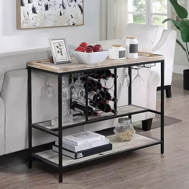 Natural Wood & Black Metal Wine Rack Console Table