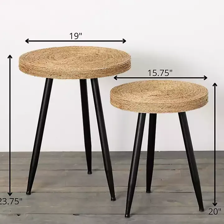 Natural Wood and Seagrass Accent Tables, Set of 2