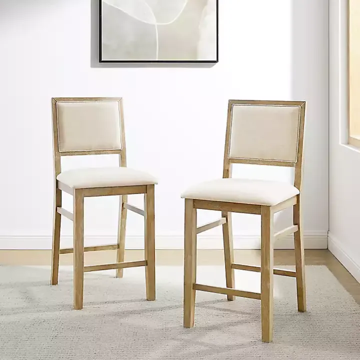 Natural Wood Upholstered Counter Stools, Set of 2