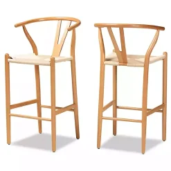 Natural Wood Woven Yarn Seat Bar Stools, Set of 2