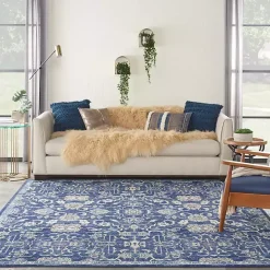 Navy and Beige Botanical Area Rug, 7x10