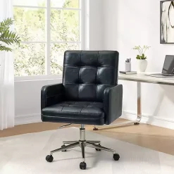 Navy Blue Tufted Faux Leather Swivel Office Chair