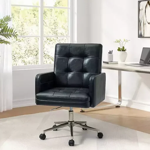Navy Blue Tufted Faux Leather Swivel Office Chair