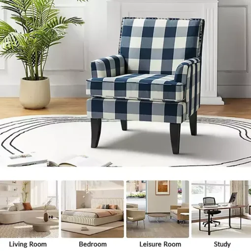 Navy Buffalo Check Upholstered Armchair