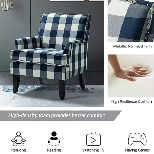 Navy Buffalo Check Upholstered Armchair