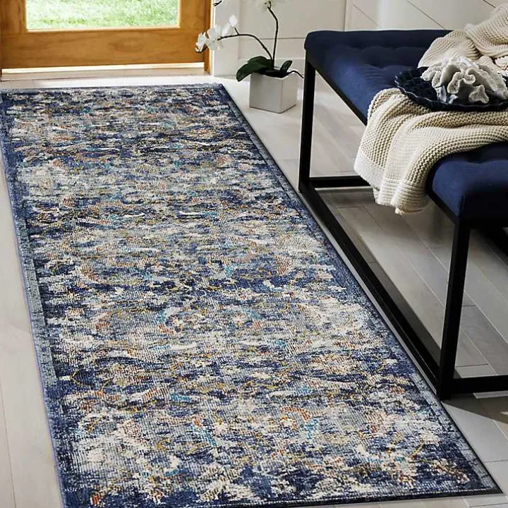 Navy Faded Floral Area Rug, 2x9